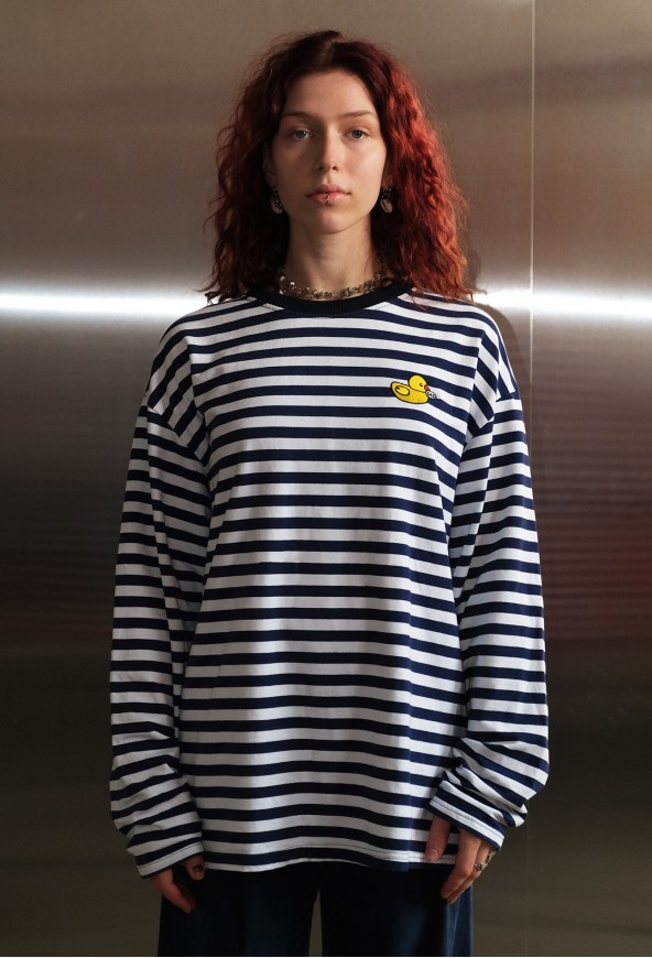 STRIPED LONG-SLEEVE T-SHIRT WITH БЛЯDUCK EMBROIDERY